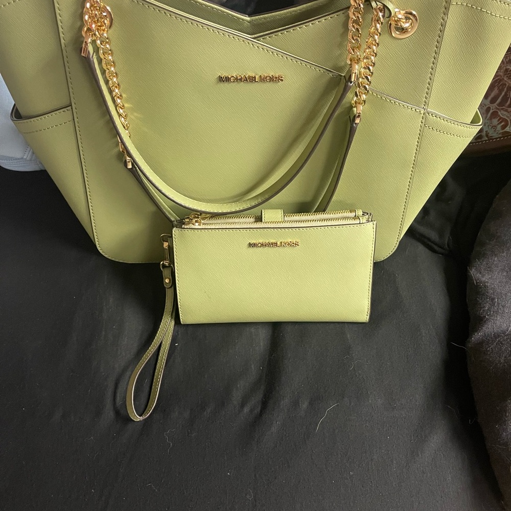 Michael Kors Green Tote with Gold Chain Detail